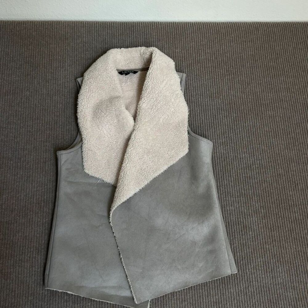 Lauren Ralph Lauren Womens M Gray Faux Suede Sherpa Vest Open Front Shawl